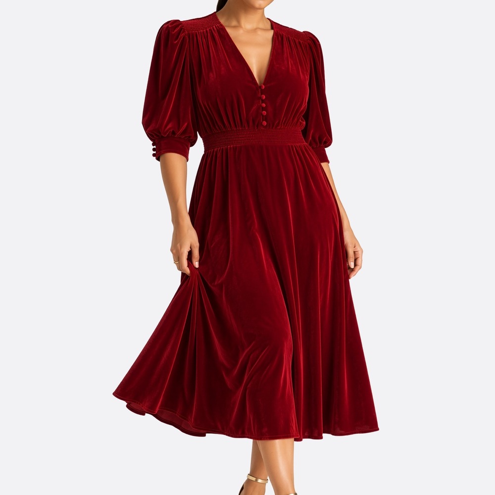 Ralph Lauren Velvet Puff Sleeve Midi Dress 10 fits M/L Crimson Red Holiday Party